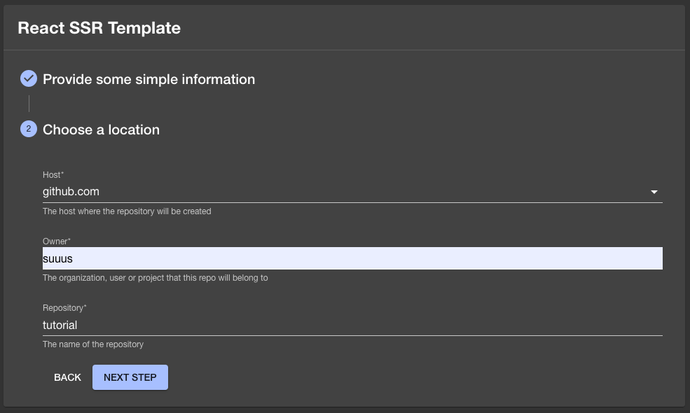 Software template deployment input screen asking for the GitHub username, and name of the new repo to create